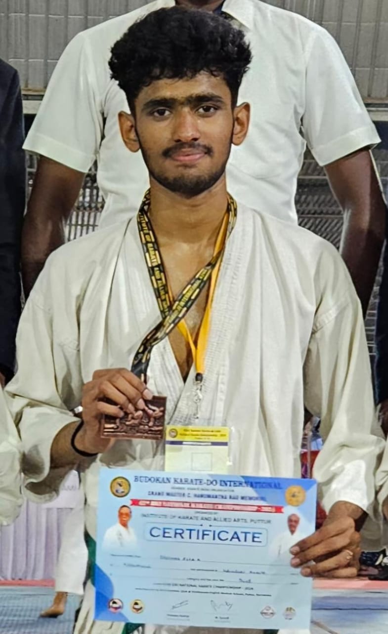 Shrudhan Alva K. of St Philomena P.U.College, Puttur shines in Karate Championship.